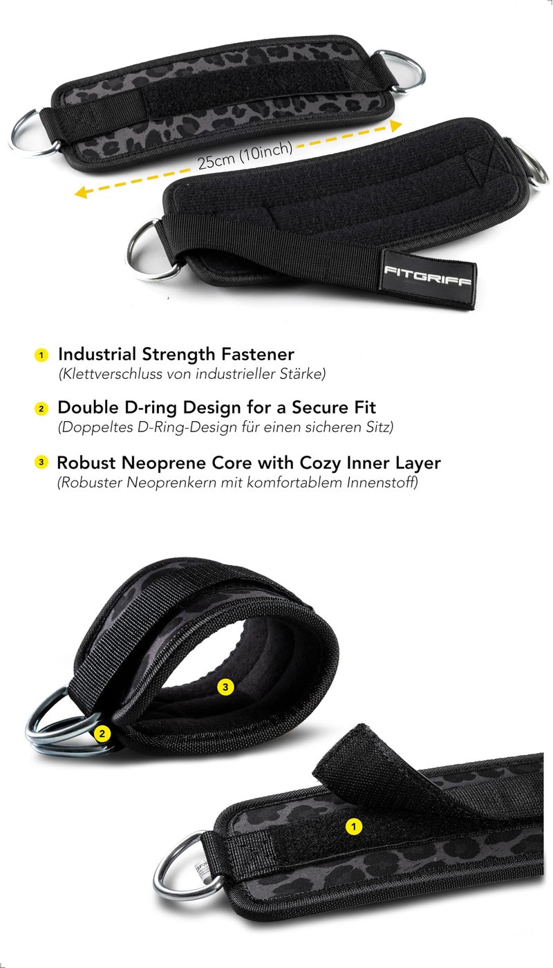 FitgriffÂ® Ankle Straps V1 for Cable Machine (2 Pieces) - Gym Workout Equipment - Leg Pulley Attachment, Kickback Straps (Leopard) - Image 3